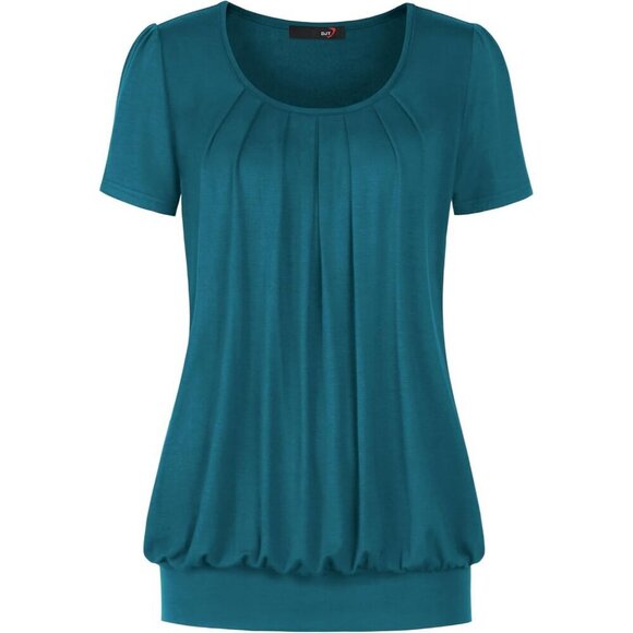 Tops - Women's Casual Short Sleeve Tee Top Rayon Spandex Small Scoop Neck Pleated
